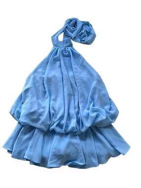 Light Blue Chiffon Halter Open Back Layered Mini Dress with Built-In Shorts
